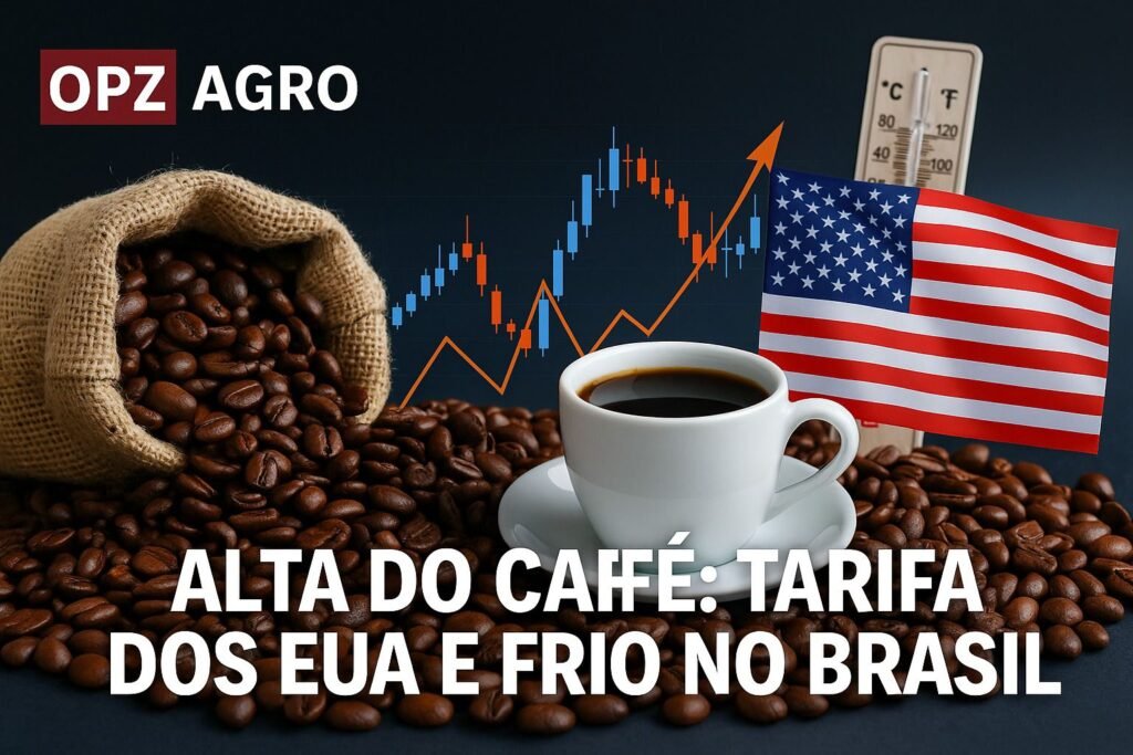 Saco de café e xícara em destaque com bandeira dos EUA e gráfico financeiro, representando a alta do café arábica e robusta causada por tarifas americanas e frio no Brasil