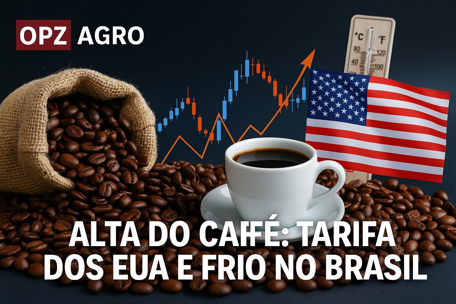 Saco de café e xícara em destaque com bandeira dos EUA e gráfico financeiro, representando a alta do café arábica e robusta causada por tarifas americanas e frio no Brasil