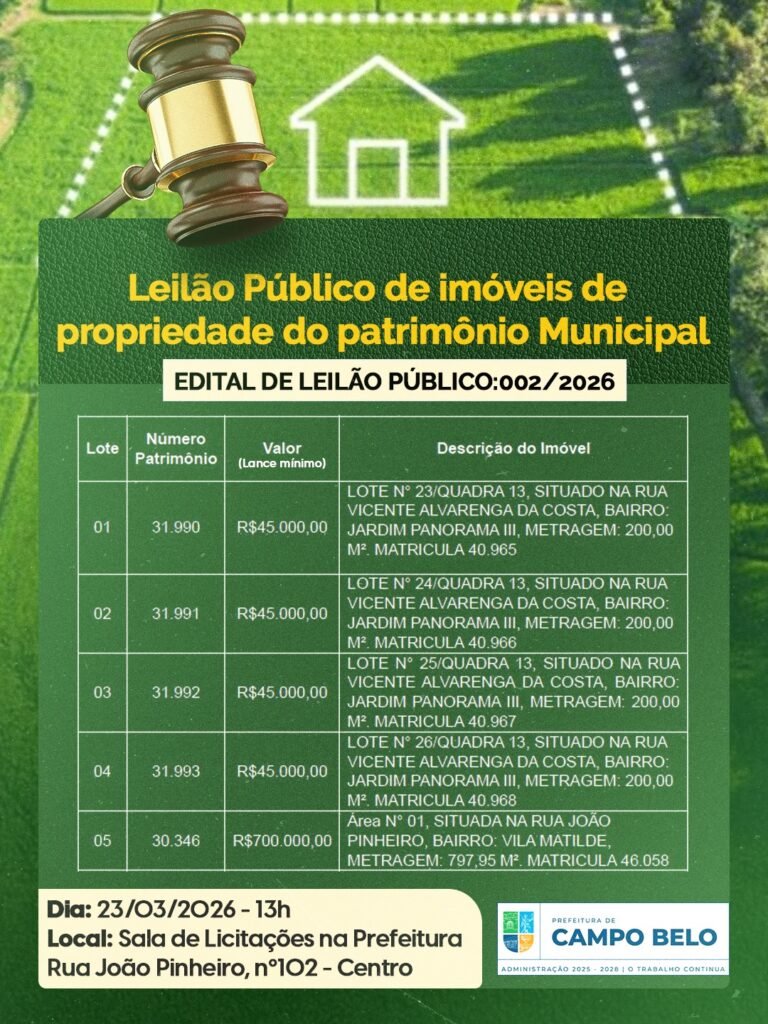 Prefeitura anuncia leilão de imóveis públicos com lances a partir de R$ 45 mil